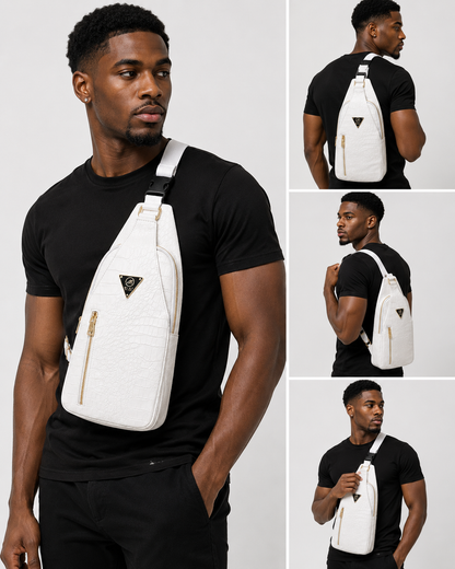 Man wearing a white sling bag with multiple poses on a gray background