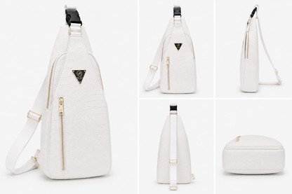 White sling bag with gold zippers on a white background
