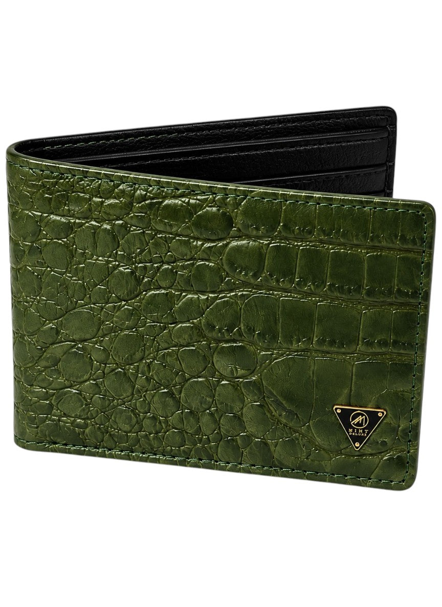 Green textured wallet with a brand logo on a white background by Mint Worldwide