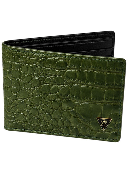 Green textured wallet with a brand logo on a white background by Mint Worldwide