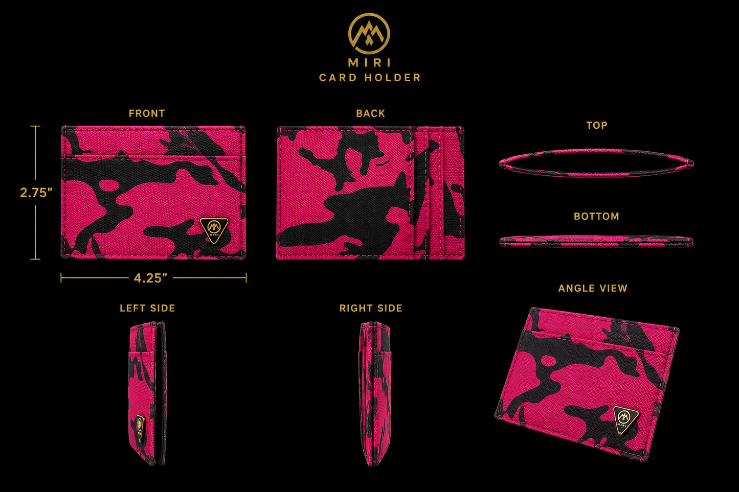 Pink camouflage card holder with measurements and angles on a black background By Mint Worldwide.