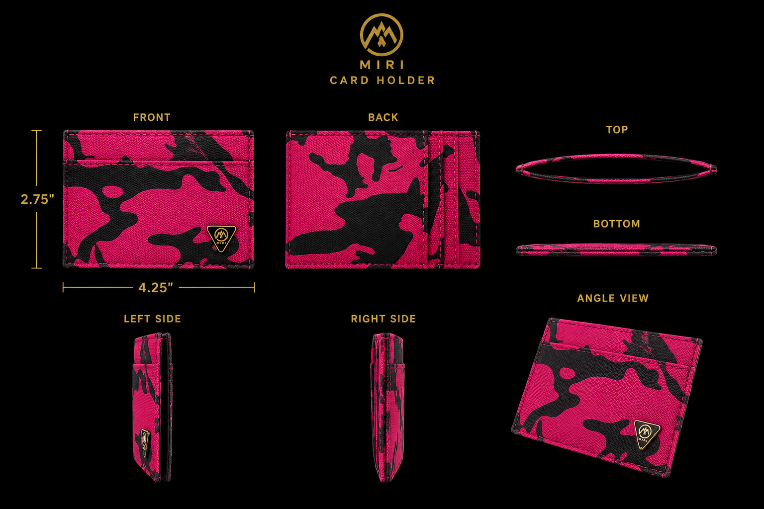 Pink camouflage card holder with measurements and angles on a black background By Mint Worldwide.