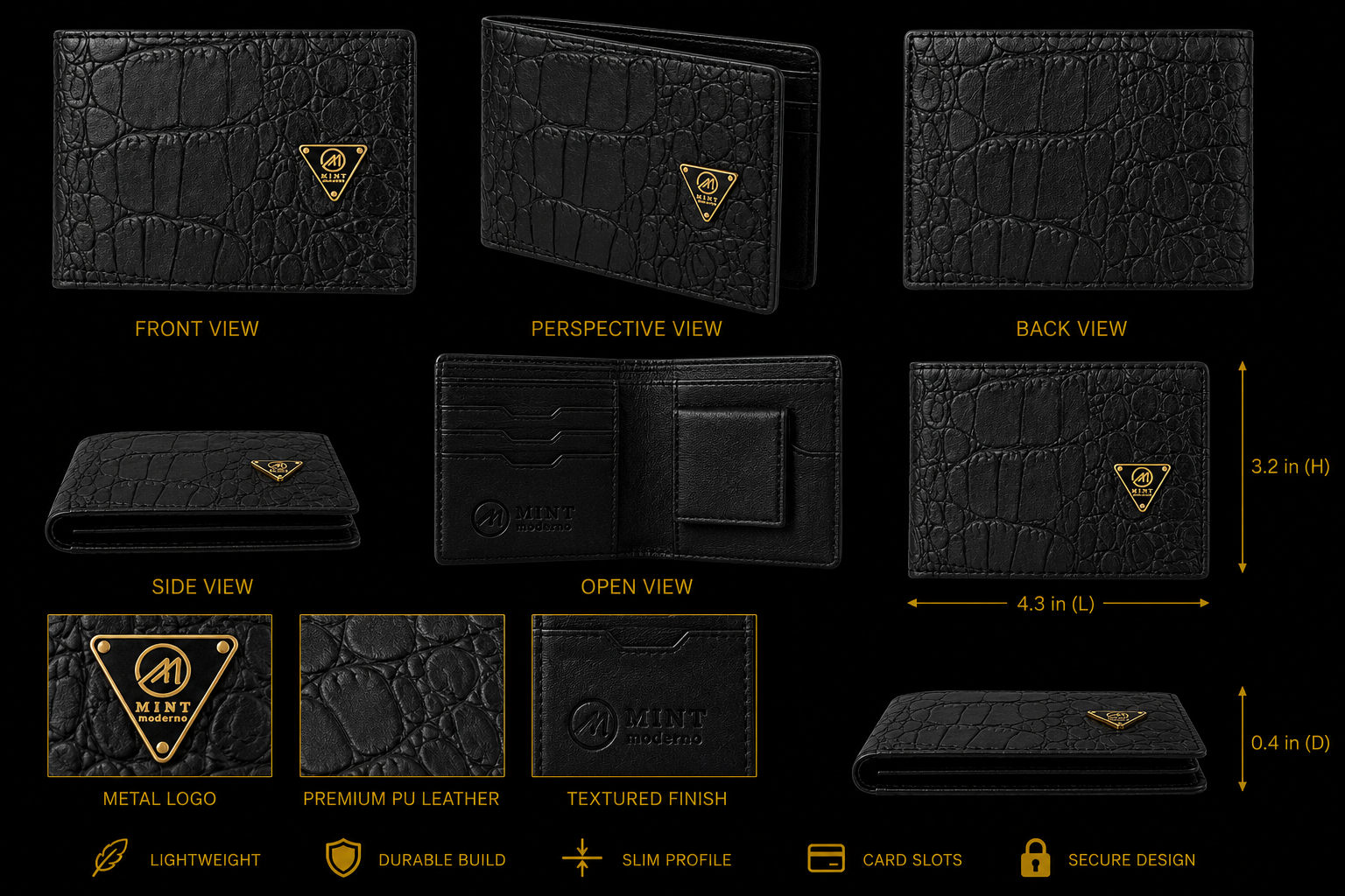 Black textured wallet with metal logo and specifications on a black background