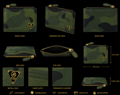 Camouflage wallet with gold accents shown from multiple angles on a black background.