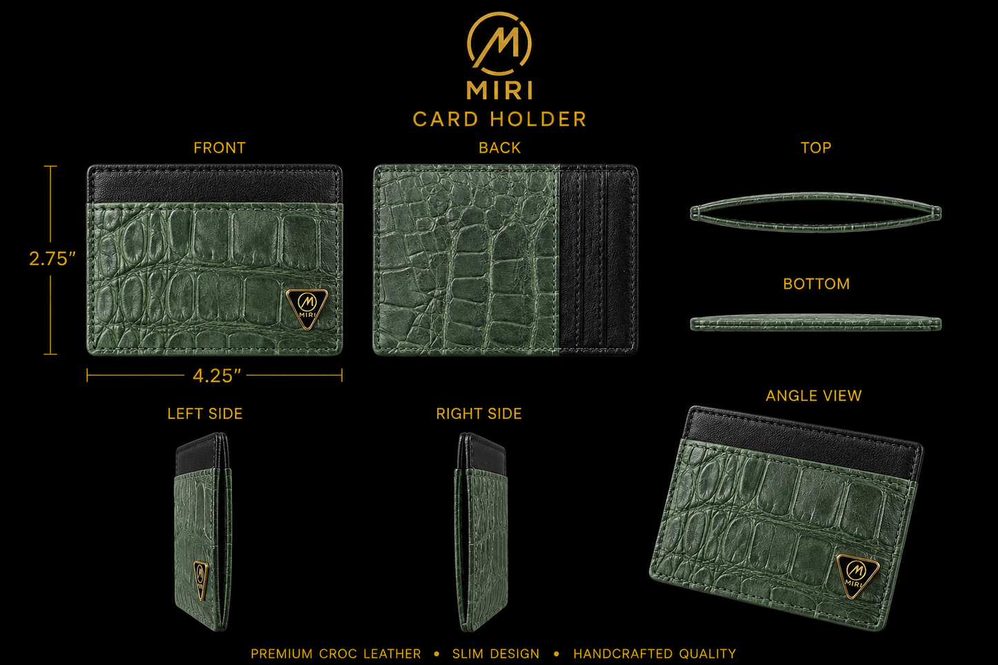 Green card holder with detailed views and specifications on a black background