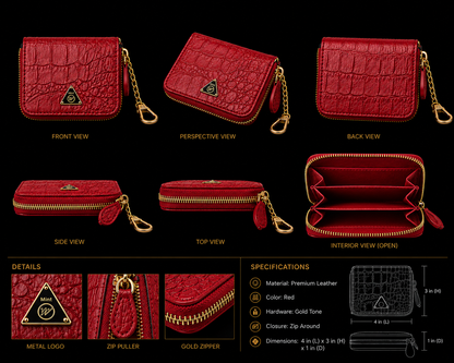 Red wallet with gold zipper and chain, shown from multiple angles with specifications.