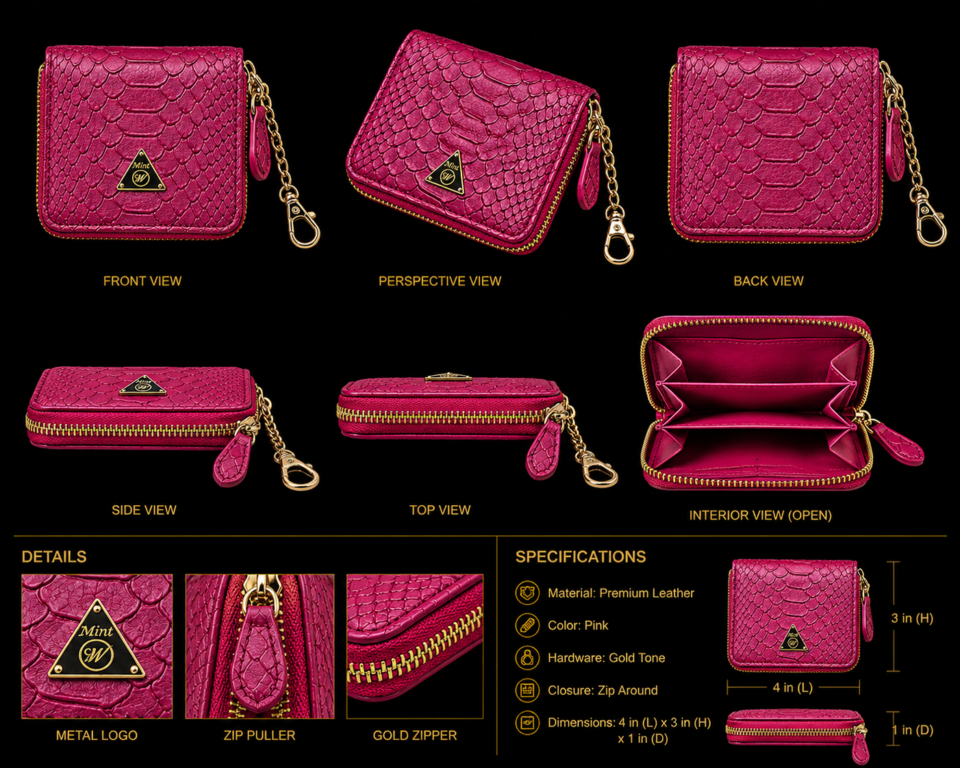 Pink wallet with gold zipper and chain, shown from multiple angles with specifications.