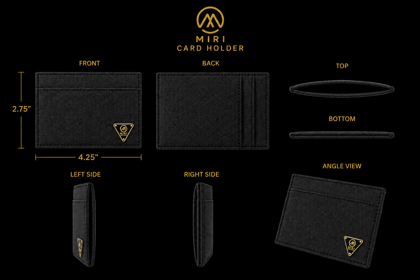 Black card holder with measurements and views on a black background, featuring the Mint brand.