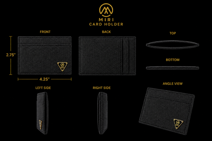 Black card holder with measurements and views on a black background, featuring the Mint brand.
