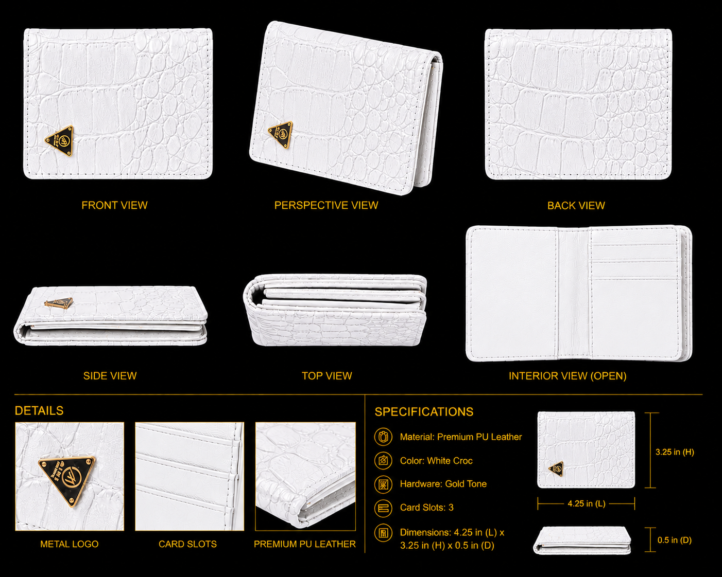 White wallet with crocodile texture shown from multiple angles on a black background.