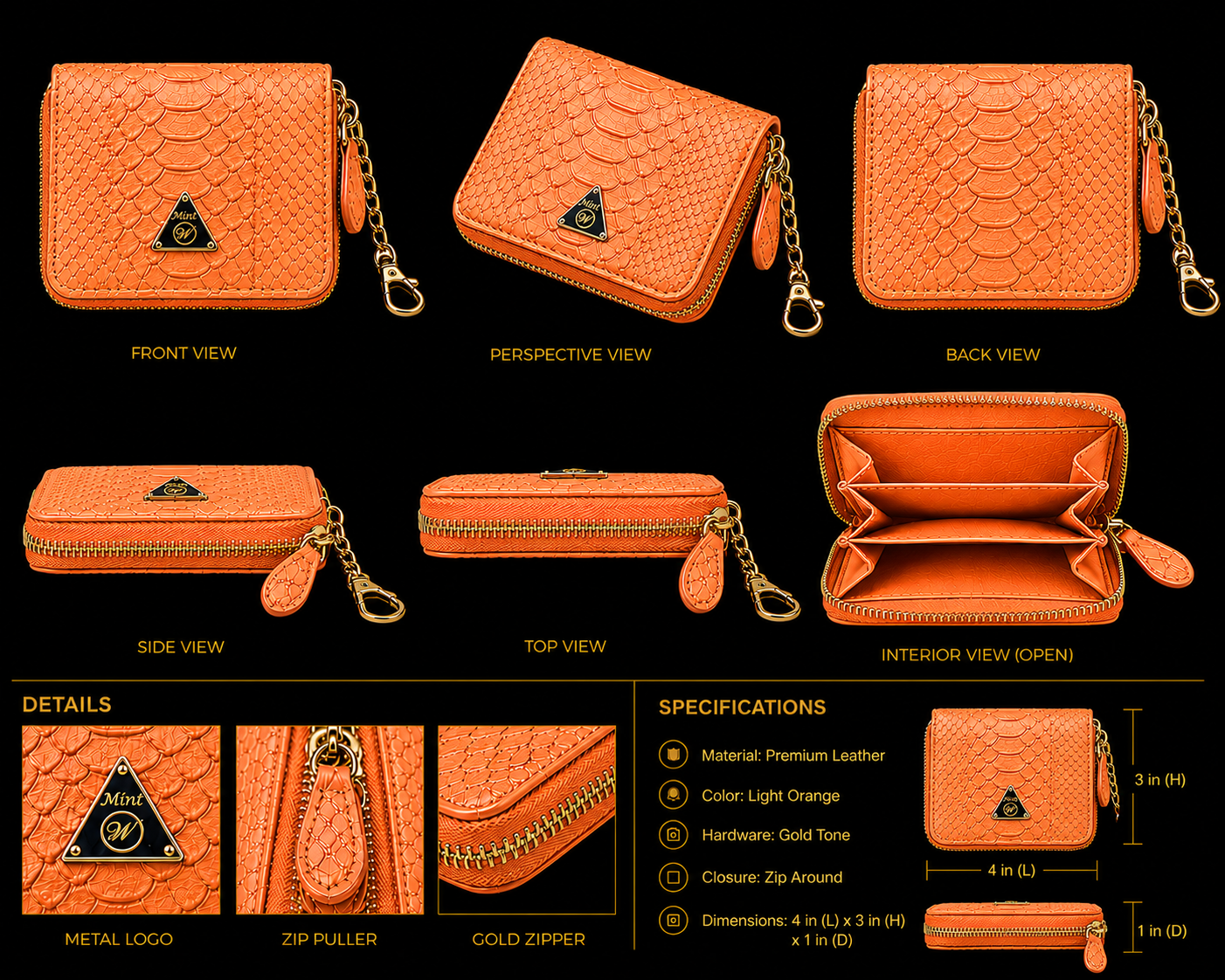 Orange textured wallet shown from multiple angles with specifications.