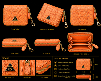 Orange textured wallet shown from multiple angles with specifications.