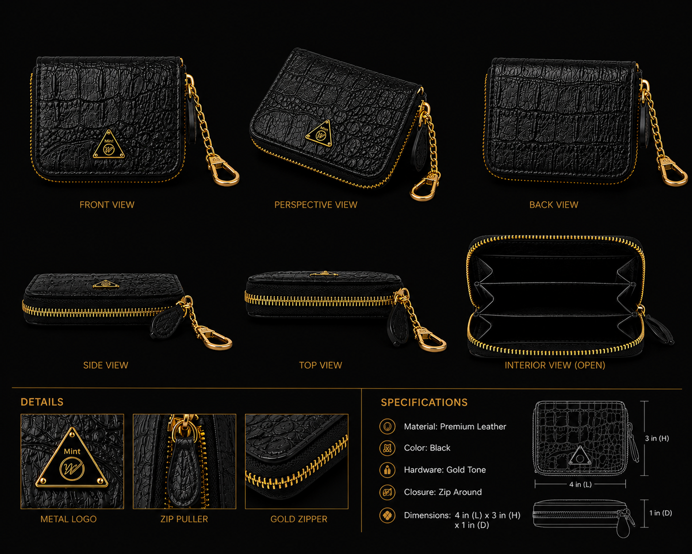 Premium Black Crocodile Skin Coin Wallet