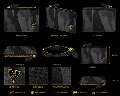 Black camouflage wallet with gold accents shown from multiple angles, including front, perspective, back, side, top views, and dimensions.