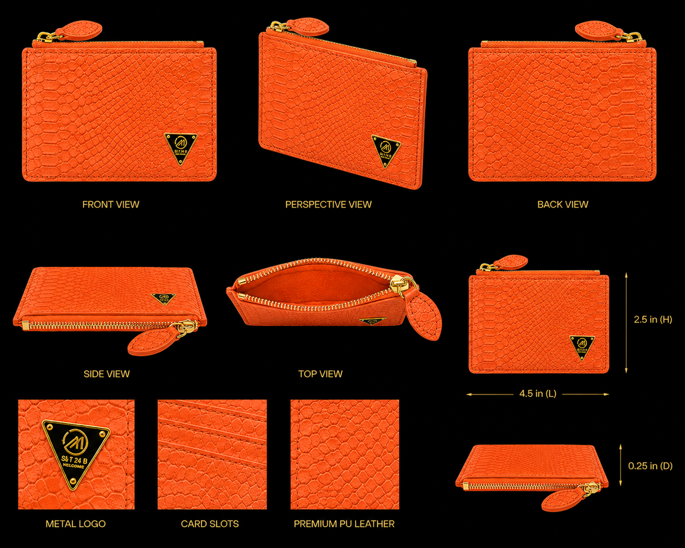 Orange wallet shown from multiple angles with specifications on a black background