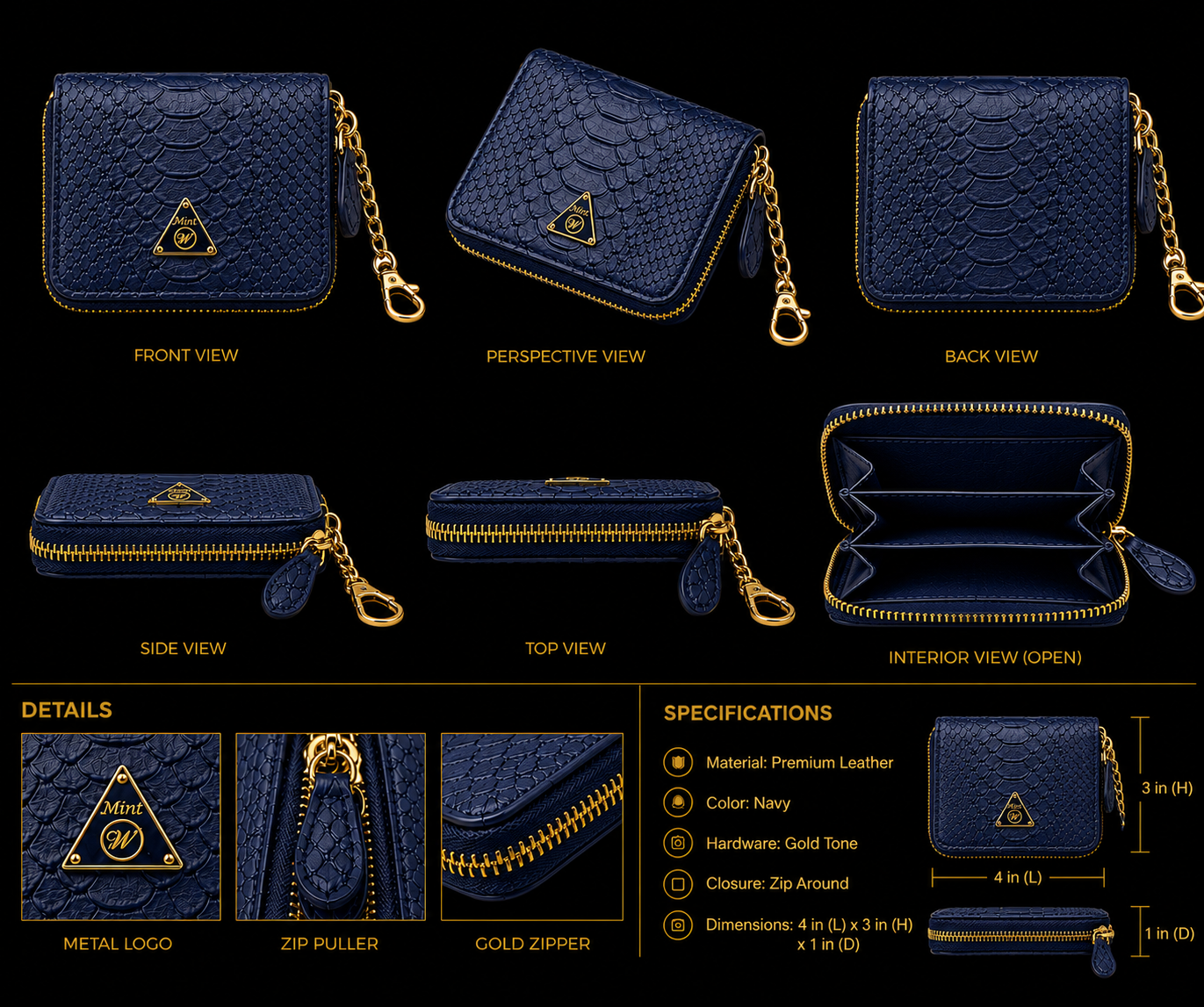 Navy blue wallet with gold accents shown from multiple angles on a black background.