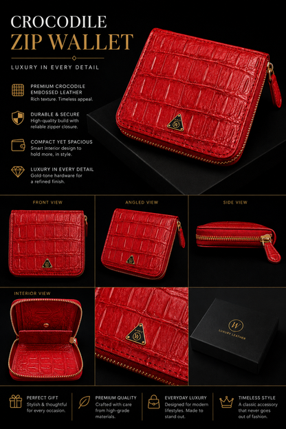 Red Crocodile Zip Bifold Wallet