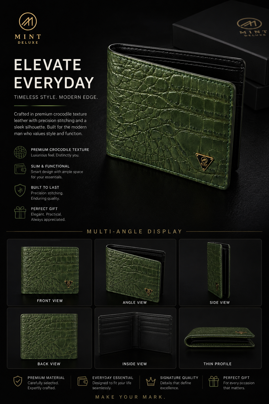 Olive Crocodile Snakeskin Bifold Wallet