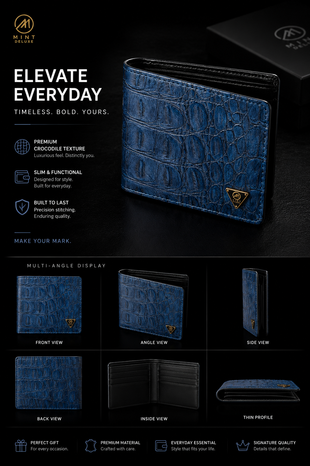 Multi dimension detail picture of Navy Bifold Wallet 