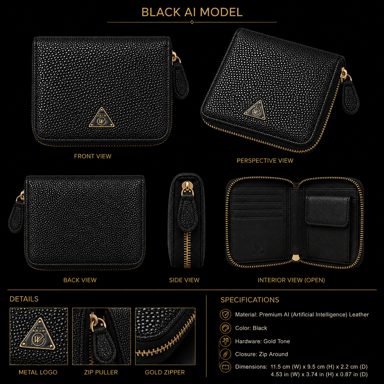 Black leather wallet with gold accents shown from multiple angles on a black background.
