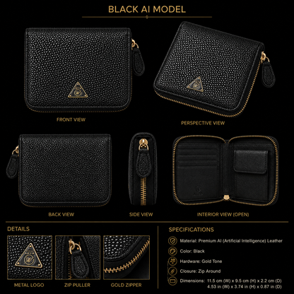 Black leather wallet with gold accents shown from multiple angles on a black background.