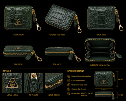 Green leather wallet with gold accents shown from multiple angles on a black background.