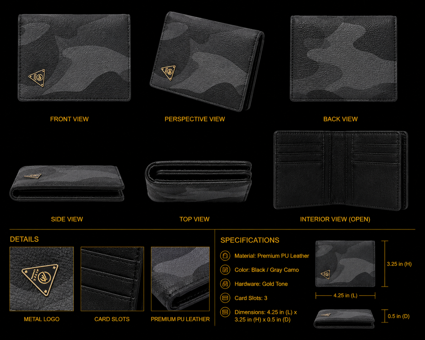 Camouflage wallet with multiple views and specifications on a black background