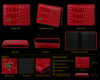 Red crocodile leather wallet with multiple views and specifications on a black background