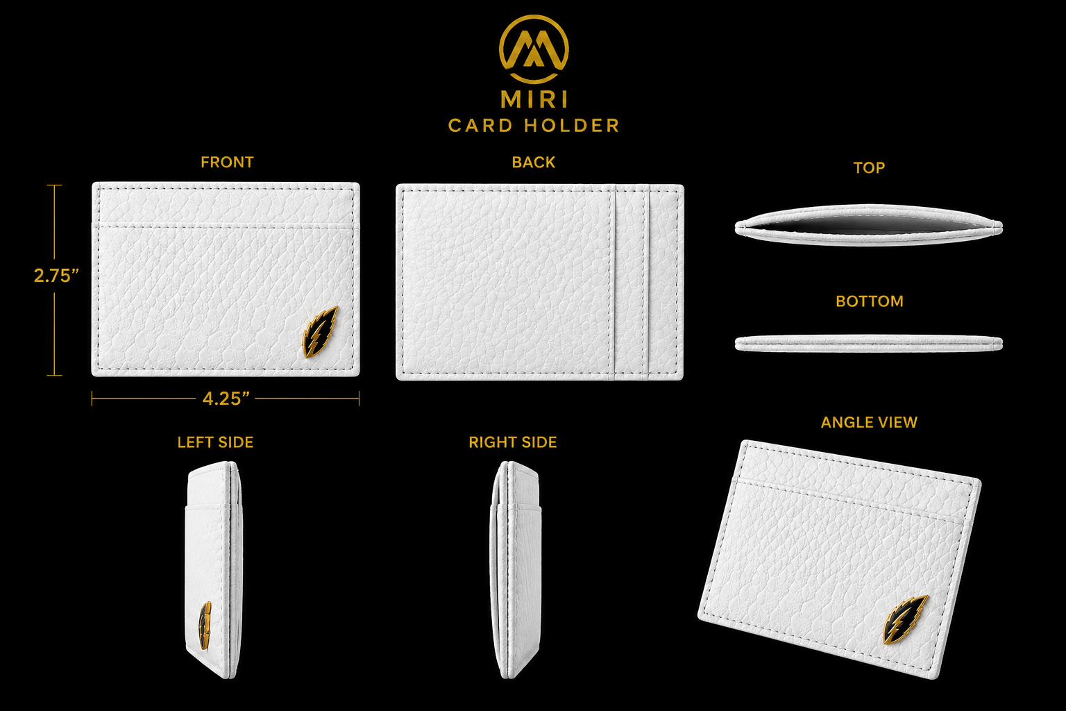 White card holder with gold accents shown from multiple angles on a black background, featuring the MIRI brand.