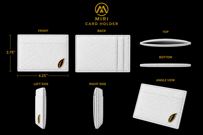 White card holder with gold accents shown from multiple angles on a black background, featuring the MIRI brand.