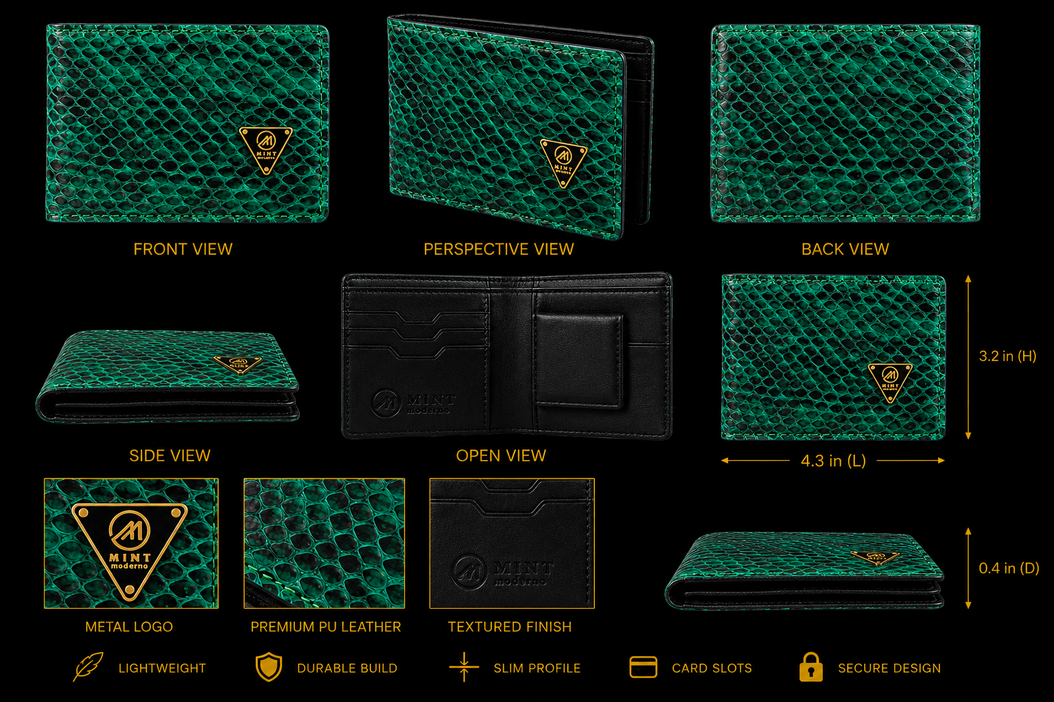 Green textured wallet with metal logo on a black background, showing front, perspective, back, side, and open views with measurements.