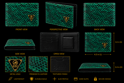 Green textured wallet with metal logo on a black background, showing front, perspective, back, side, and open views with measurements.