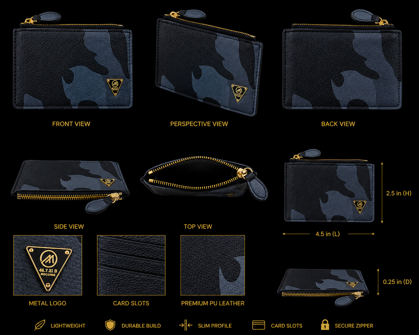 Camouflage wallet with multiple views and specifications on a black background