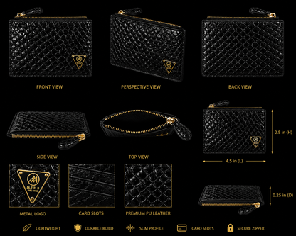 Black textured wallet with gold accents shown from multiple angles on a black background.
