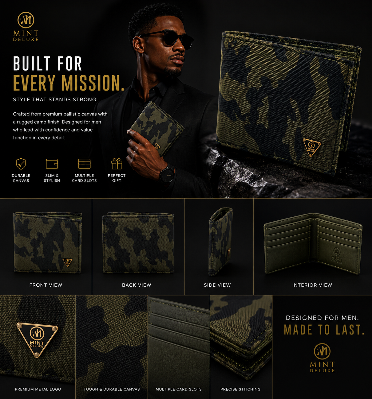 Green Camo Ballistic Nylon Bifold Wallet