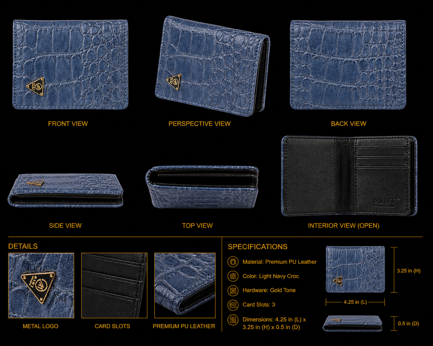 Blue wallet with multiple views and specifications on a black background