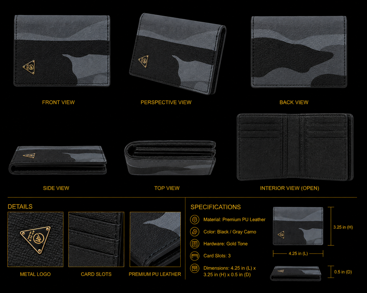 Black leather wallet with multiple views and specifications on a black background