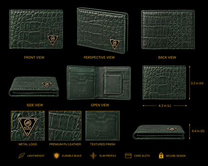 Green textured wallet with multiple views and specifications on a black background