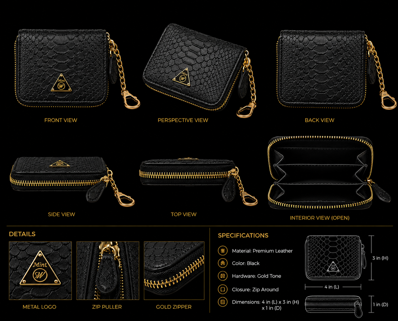 Black leather wallet with gold accents shown from multiple angles on a black background.