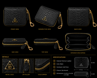 Black leather wallet with gold accents shown from multiple angles on a black background.