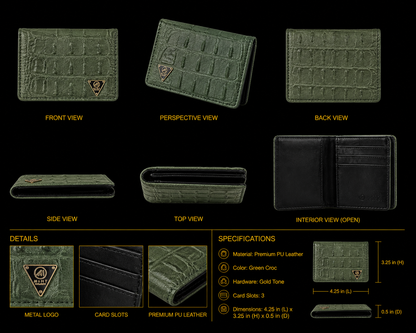 Green wallet with multiple views and specifications on a black background