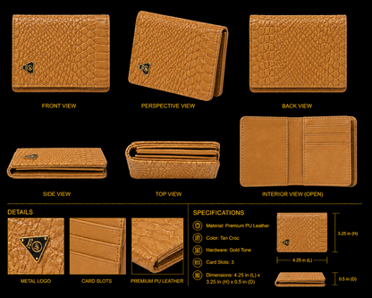 Brown leather wallet with multiple views and specifications on a black background