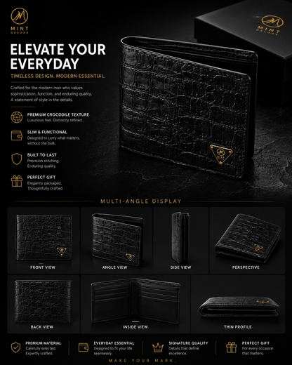 Black Crocodile Snakeskin Bifold Wallet