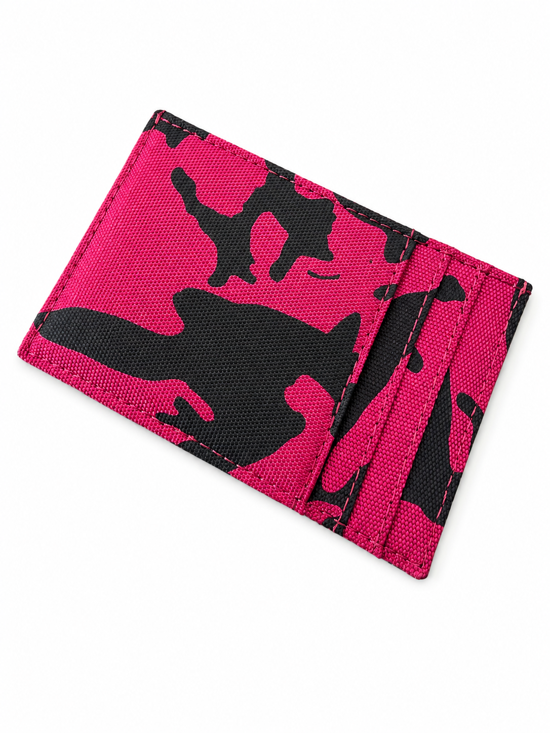 Pink and black camouflage wallet on a white background By Mint Worldwide.
