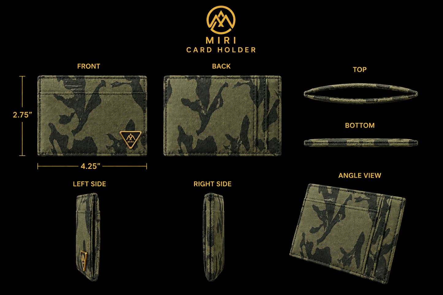 Camouflage card holder with measurements and design details on a black background by Mint Worldwide.