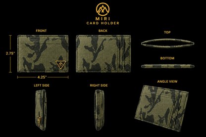 Camouflage card holder with measurements and design details on a black background by Mint Worldwide.
