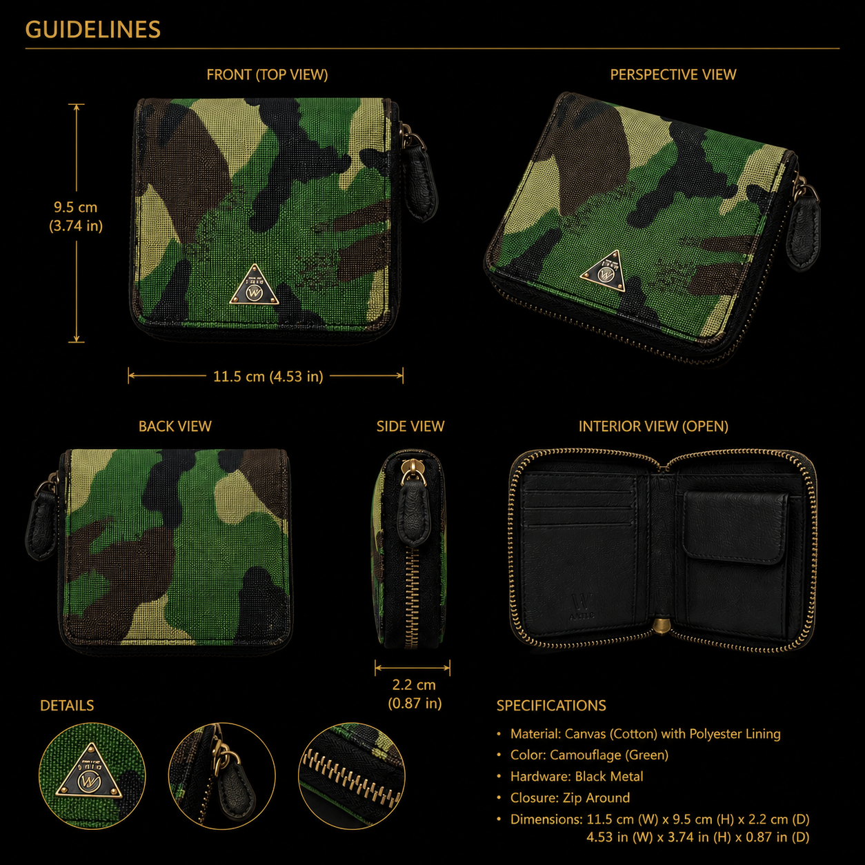 Camouflage wallet with multiple views and specifications on a black background