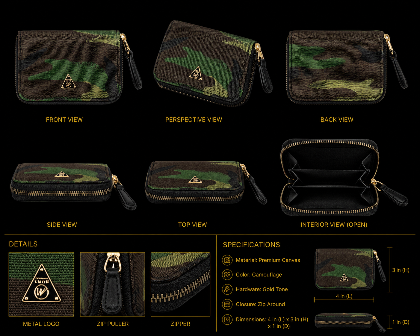 Camouflage wallet with multiple views and specifications on a black background