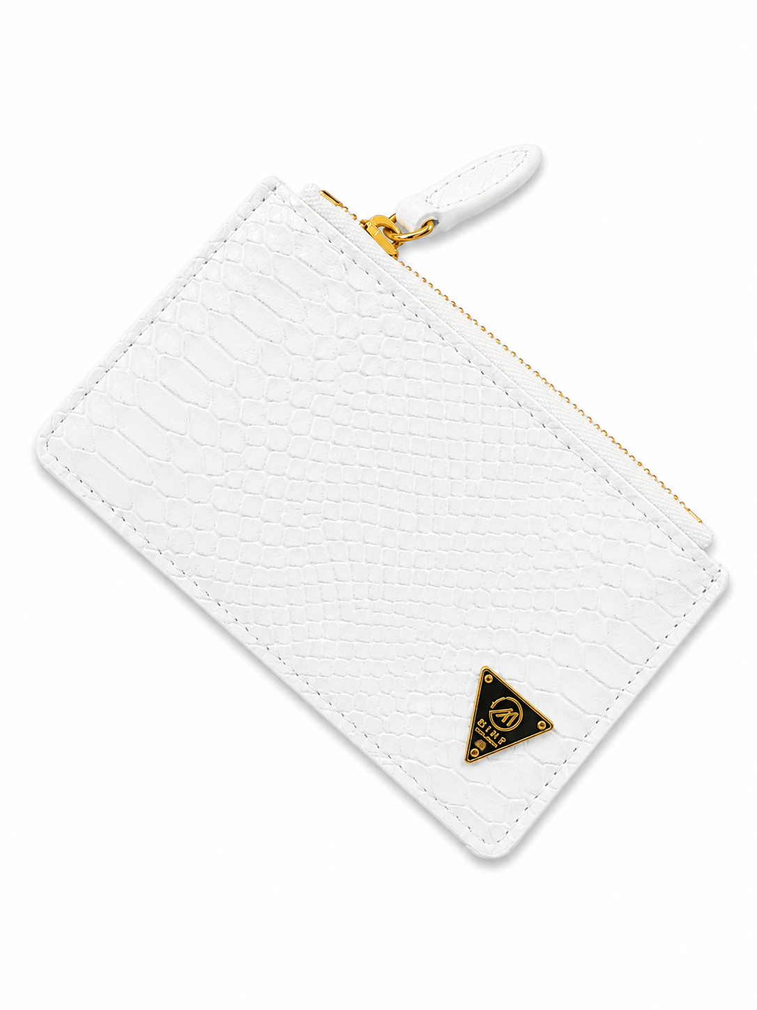 White cardholder with gold accents and a black triangle logo on a white by Mint Worldwide.