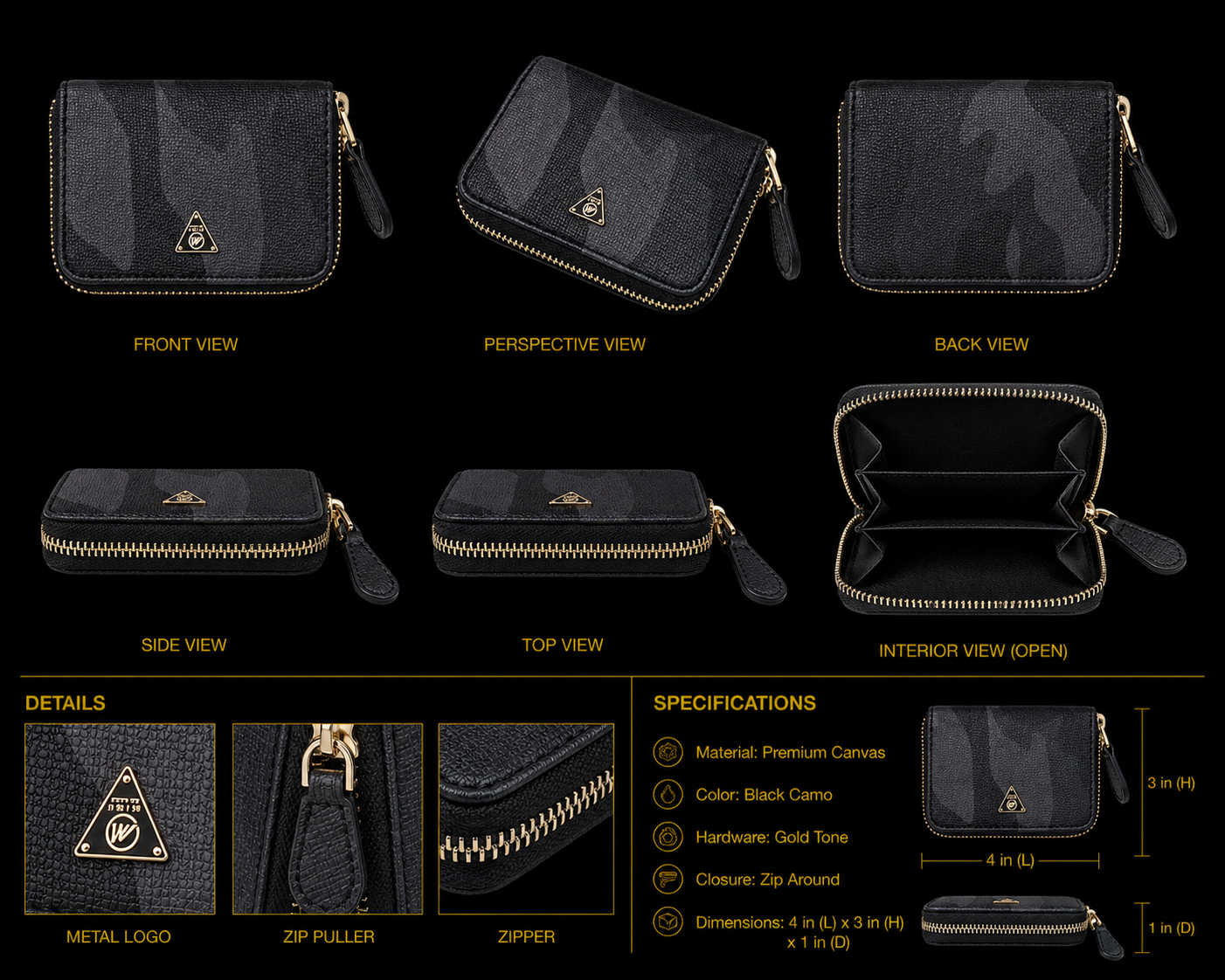 Black camouflage wallet with various views and specifications on a black background